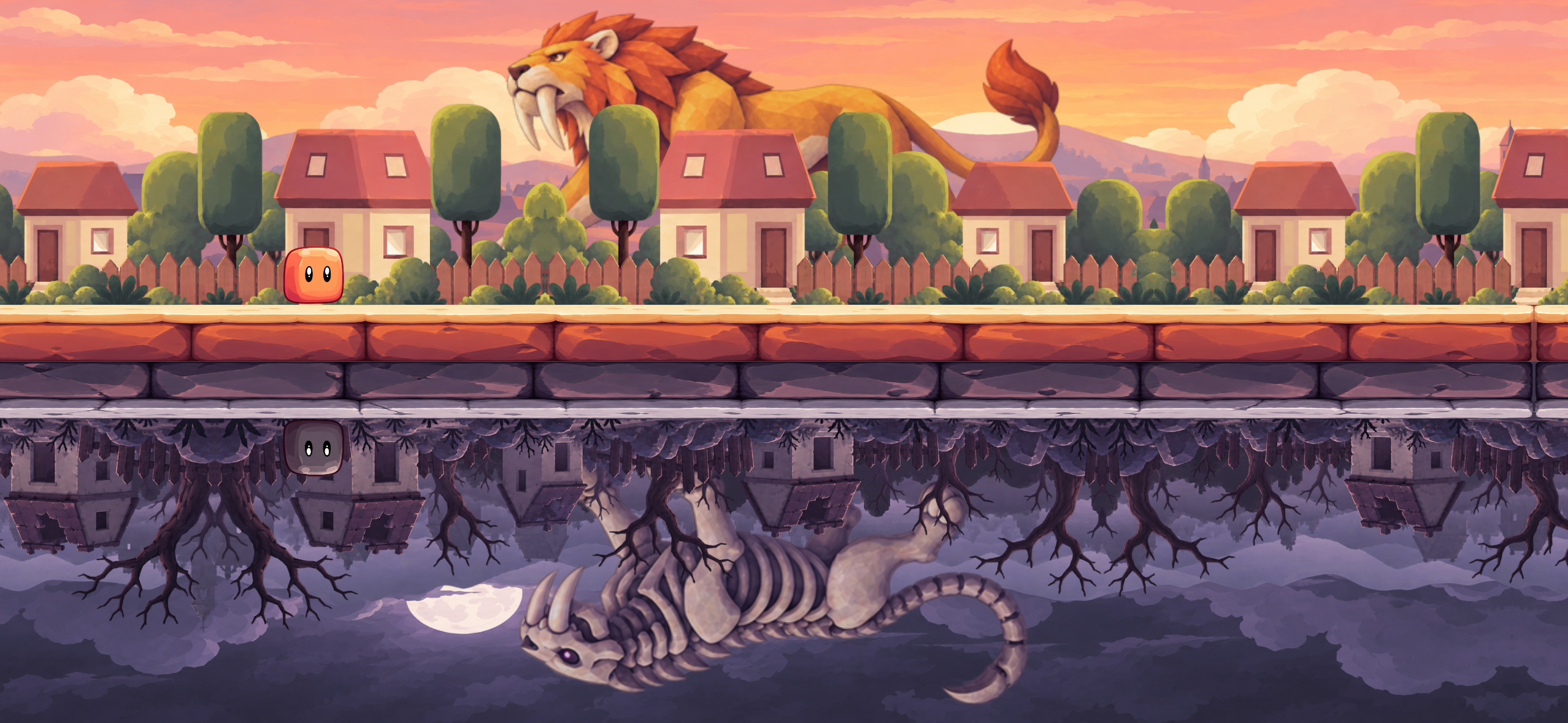 Shadow Jump game scene with the Sabertooth Lion and Skeletal Sabertooth passing behind the village scenery