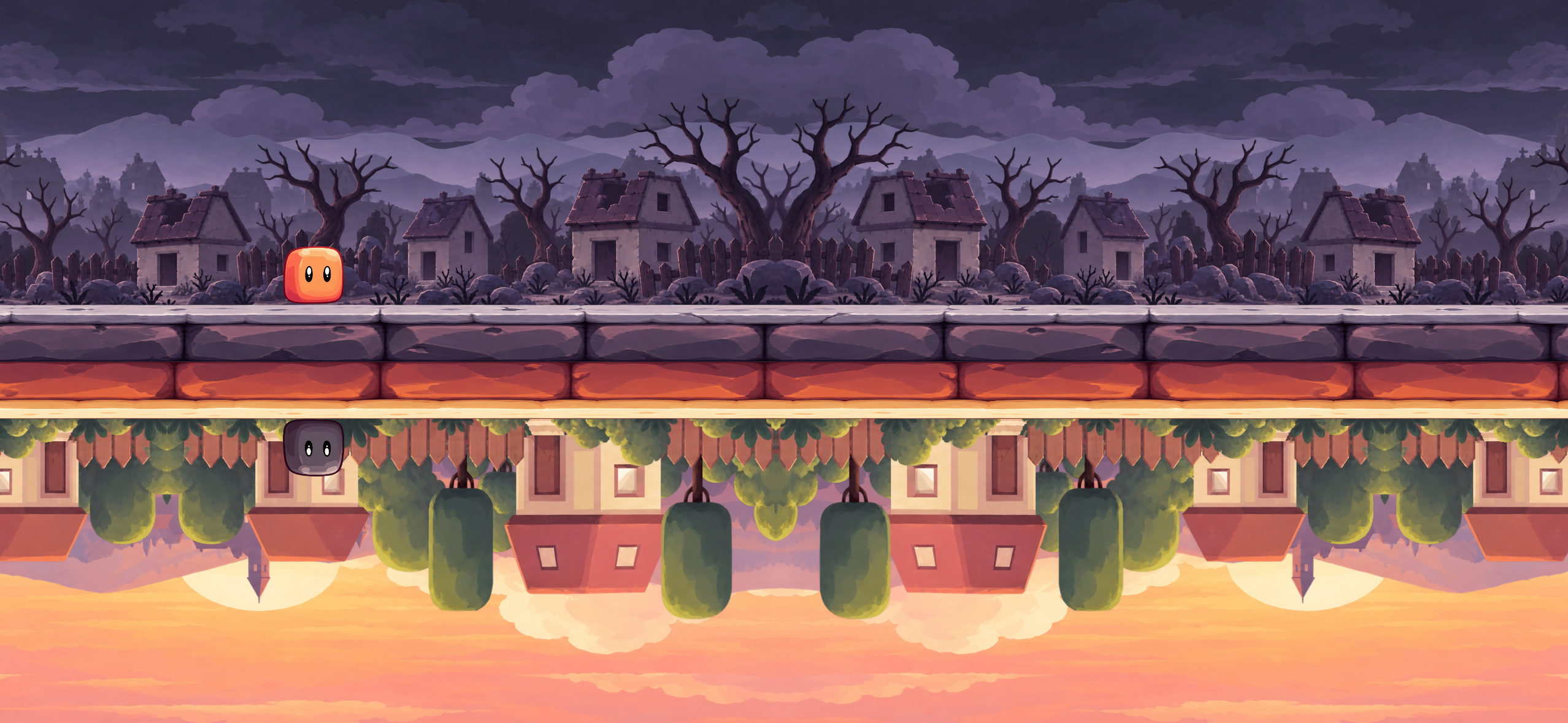 Shadow Jump game scene after a world shift: Main remains above in the shadow scenery and Shadow remains below in the sunset scenery