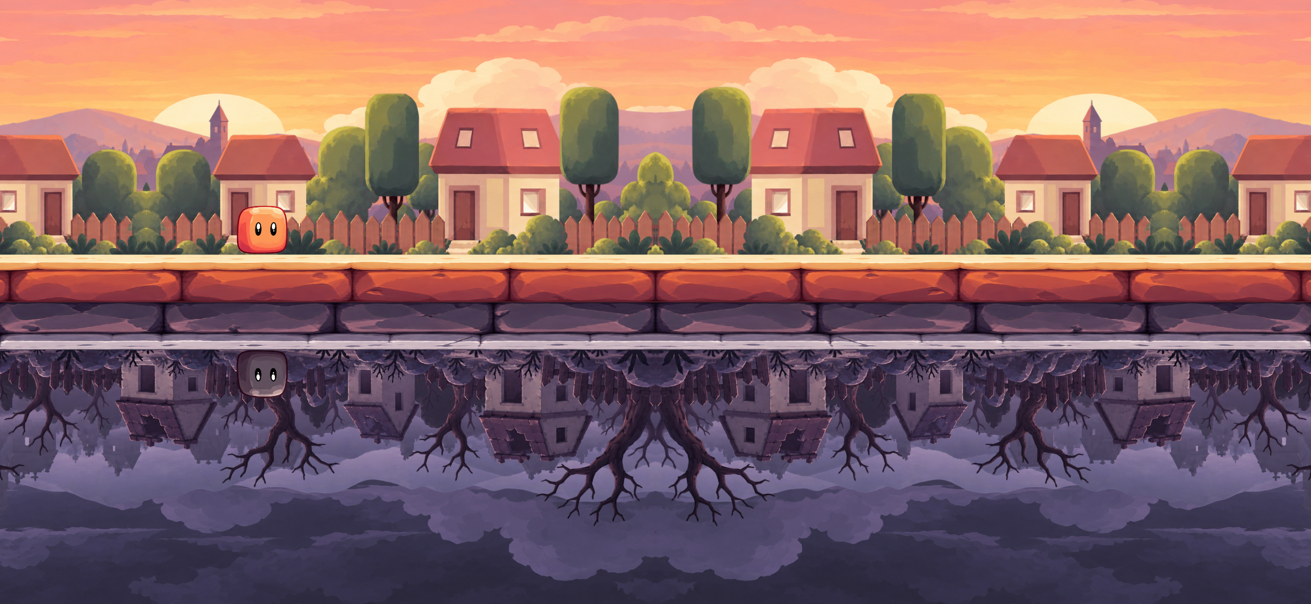 Shadow Jump game scene with Main in the sunset village above and Shadow in the inverted shadow world below