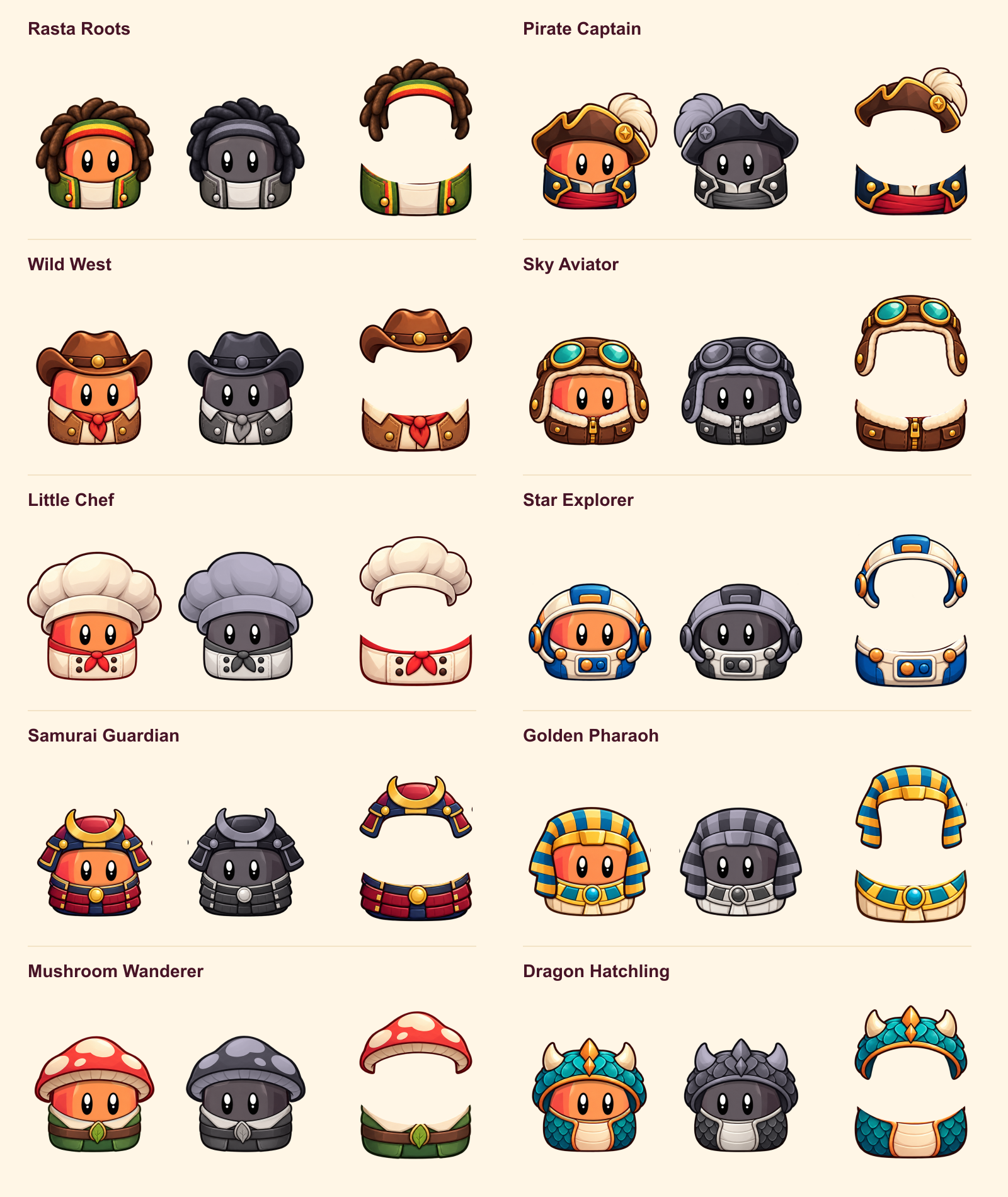 Ten named outfits, each showing Main and Shadow with the game's fitted hat and suit, alongside the separate hat and suit